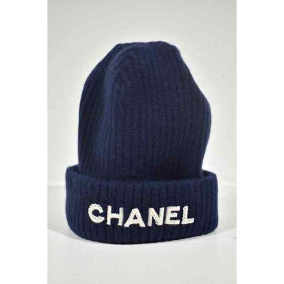 Chanel 22B Cashmere Navy Blue White Sequin CC Logo Beanie Winter Hat Cap Cloche main image 6